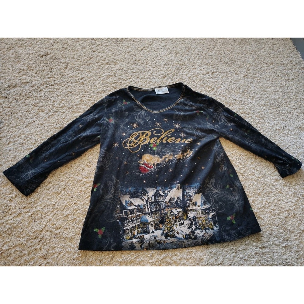 USA Made Cactus Bay Believe Christmas Village Santa Sleigh Long Sleeve Tee M